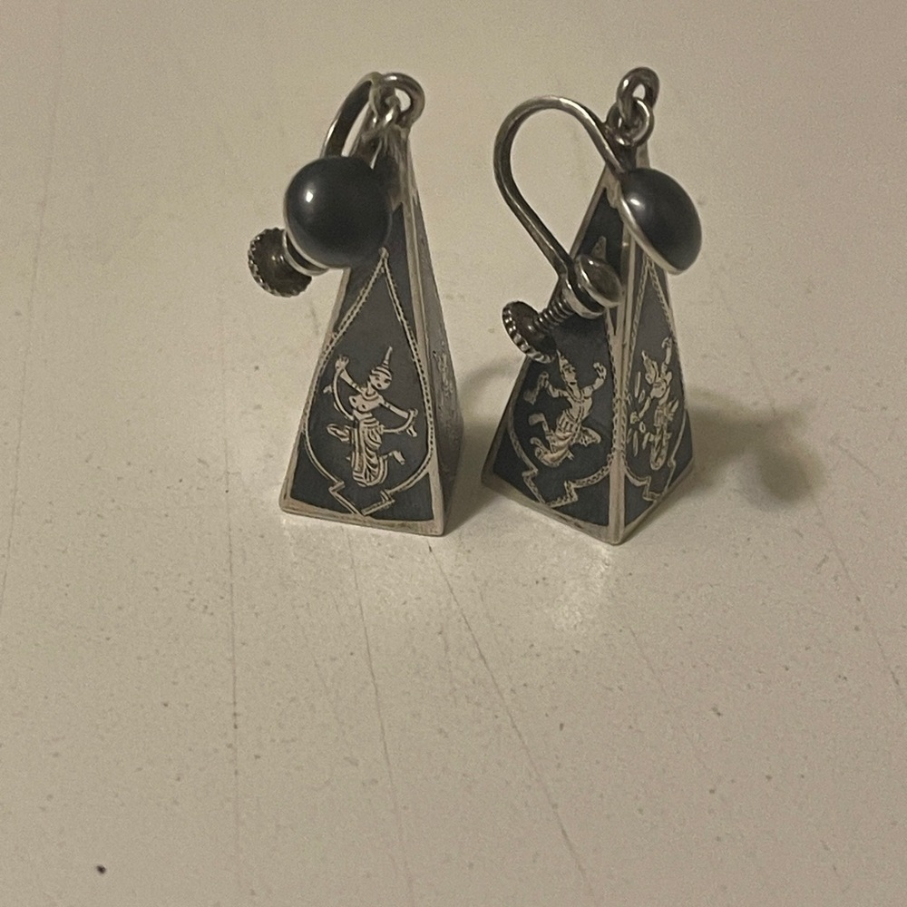 Vintage Siam Silver Niello Hindu
Lightening Goddess Earrings, 1950/60